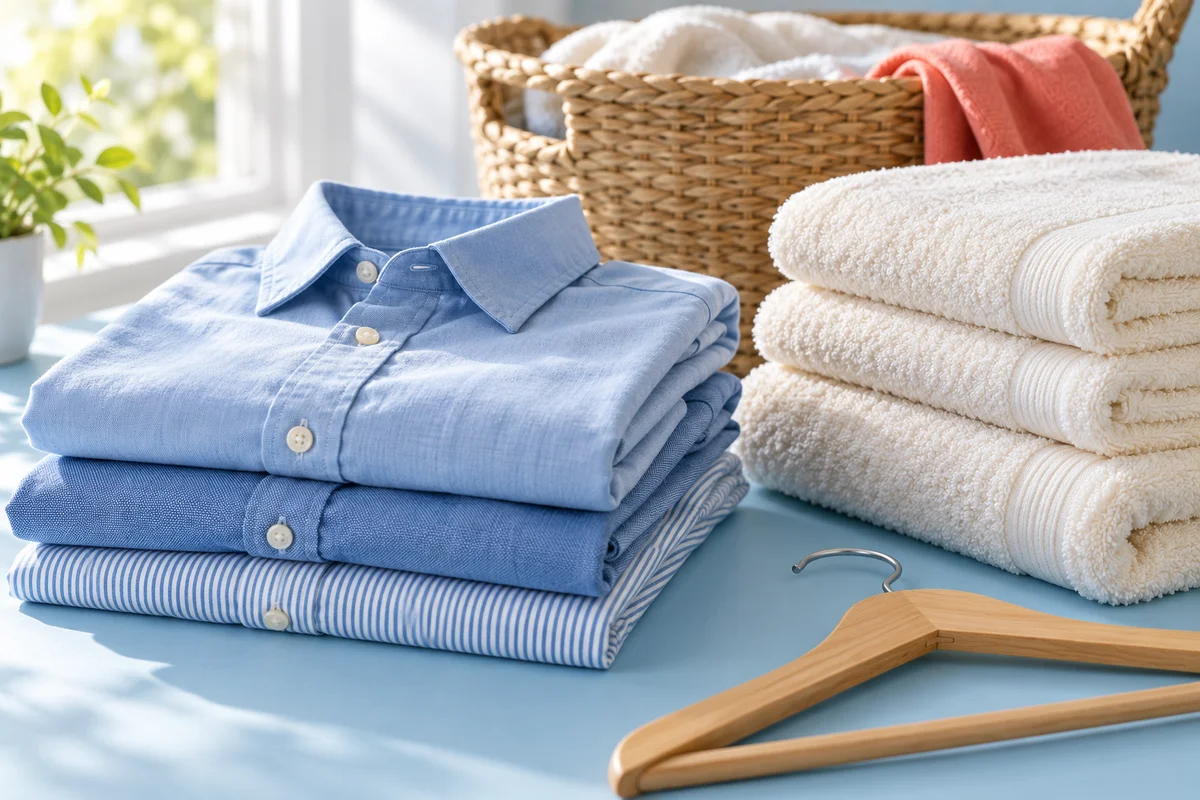Illustratief detail van gewassen shirts, handdoeken en een wasmand